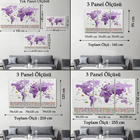 Detaylı Ülke Bayraklı Öğretici Türkçe Dünya Haritası Dekoratif Kanvas Tablo, Duvar Dekoru 2818