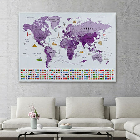 Detaylı Ülke Bayraklı Öğretici İngilizce Dünya Haritası Dekoratif Kanvas Tablo, Duvar Dekoru 2819