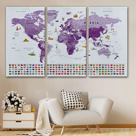 Detaylı Ülke Bayraklı Öğretici İngilizce Dünya Haritası Dekoratif Kanvas Tablo, Duvar Dekoru 2819