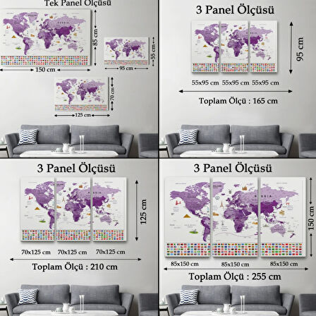 Detaylı Ülke Bayraklı Öğretici İngilizce Dünya Haritası Dekoratif Kanvas Tablo, Duvar Dekoru 2819