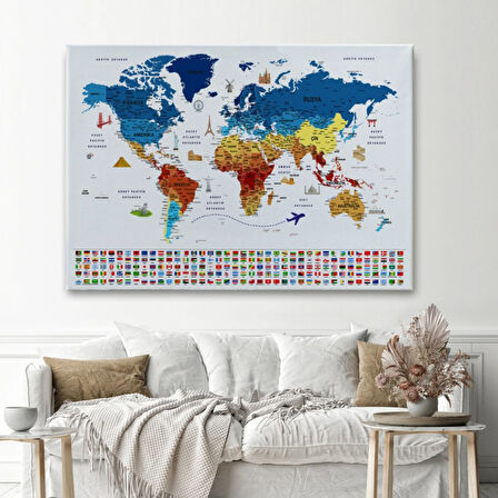 Ülke Bayrakları ve Semboller Türkçe Dünya Haritası Dekoratif Kanvas Tablo, Duvar Dekoru 2820