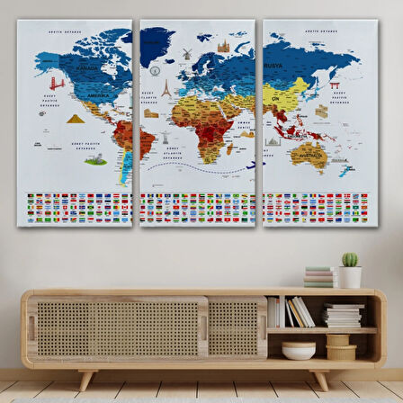 Ülke Bayrakları ve Semboller Türkçe Dünya Haritası Dekoratif Kanvas Tablo, Duvar Dekoru 2820