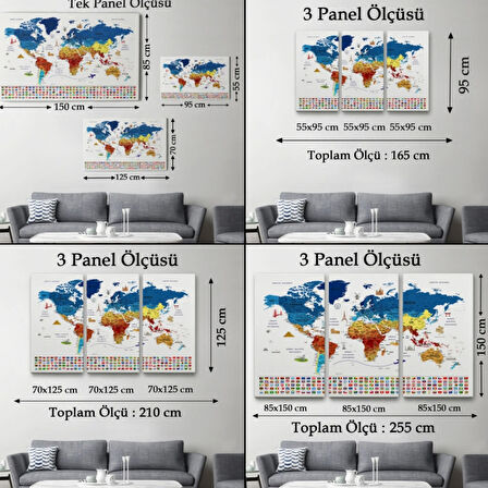 Ülke Bayrakları ve Semboller Türkçe Dünya Haritası Dekoratif Kanvas Tablo, Duvar Dekoru 2820