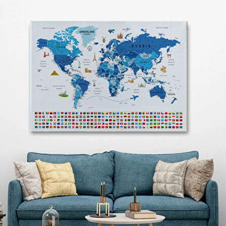 Detaylı Ülke Bayraklı Öğretici İngilizce Dünya Haritası Dekoratif Kanvas Tablo, Duvar Dekoru 2829