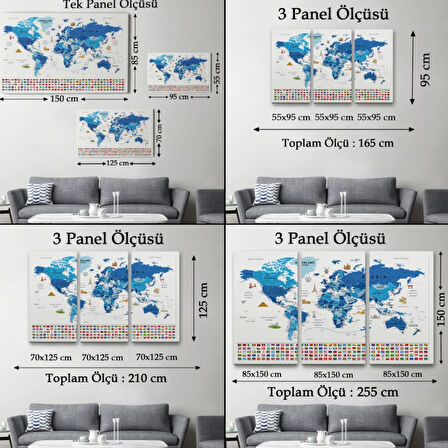 Detaylı Ülke Bayraklı Öğretici İngilizce Dünya Haritası Dekoratif Kanvas Tablo, Duvar Dekoru 2829