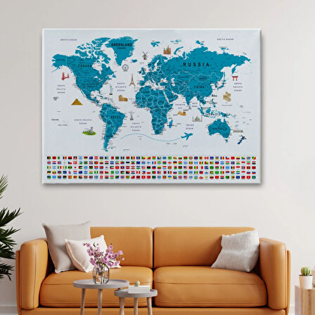 Detaylı Ülke Bayraklı Öğretici İngilizce Dünya Haritası Dekoratif Kanvas Tablo, Duvar Dekoru 2831