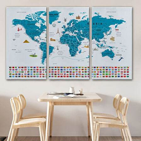 Detaylı Ülke Bayraklı Öğretici İngilizce Dünya Haritası Dekoratif Kanvas Tablo, Duvar Dekoru 2831