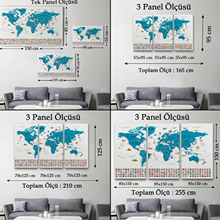 Detaylı Ülke Bayraklı Öğretici İngilizce Dünya Haritası Dekoratif Kanvas Tablo, Duvar Dekoru 2831