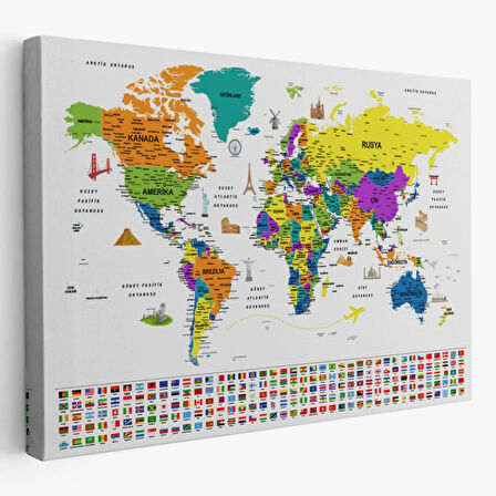 Detaylı Sembollü Bayraklı  Türkçe Dünya Haritası Dekoratif Kanvas Tablo, Duvar Dekoru 2832