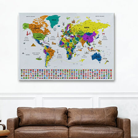 Detaylı Sembollü Bayraklı  Türkçe Dünya Haritası Dekoratif Kanvas Tablo, Duvar Dekoru 2832