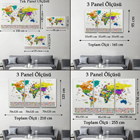 Detaylı Sembollü Bayraklı  Türkçe Dünya Haritası Dekoratif Kanvas Tablo, Duvar Dekoru 2832