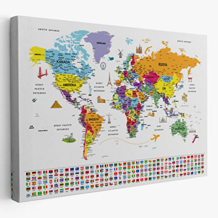 Detaylı Sembollü Bayraklı  Türkçe Dünya Haritası Dekoratif Kanvas Tablo, Duvar Dekoru 2834