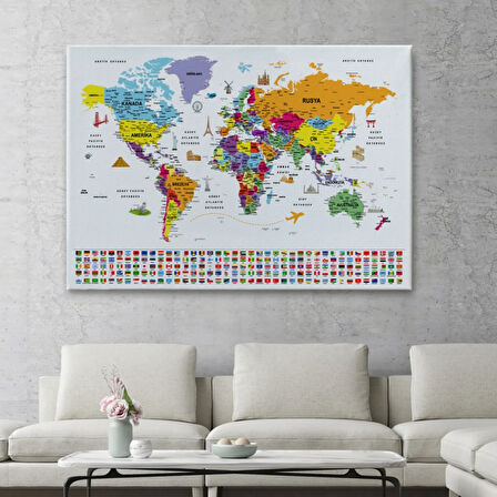 Detaylı Sembollü Bayraklı  Türkçe Dünya Haritası Dekoratif Kanvas Tablo, Duvar Dekoru 2834