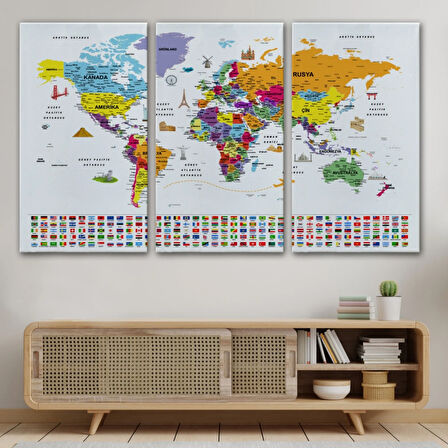 Detaylı Sembollü Bayraklı  Türkçe Dünya Haritası Dekoratif Kanvas Tablo, Duvar Dekoru 2834