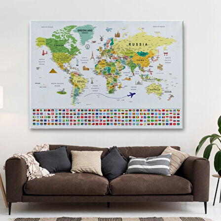 Detaylı Sembollü Bayraklı  İngilizce Dünya Haritası Dekoratif Kanvas Tablo, Duvar Dekoru 2835