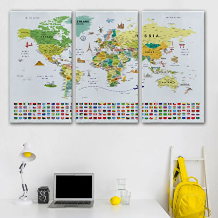 Detaylı Sembollü Bayraklı  İngilizce Dünya Haritası Dekoratif Kanvas Tablo, Duvar Dekoru 2835