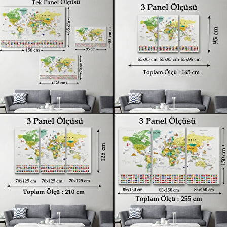 Detaylı Sembollü Bayraklı  İngilizce Dünya Haritası Dekoratif Kanvas Tablo, Duvar Dekoru 2835