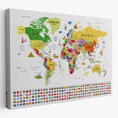 Detaylı Sembollü Bayraklı  İngilizce Dünya Haritası Dekoratif Kanvas Tablo, Duvar Dekoru 2839