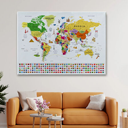 Detaylı Sembollü Bayraklı  İngilizce Dünya Haritası Dekoratif Kanvas Tablo, Duvar Dekoru 2839