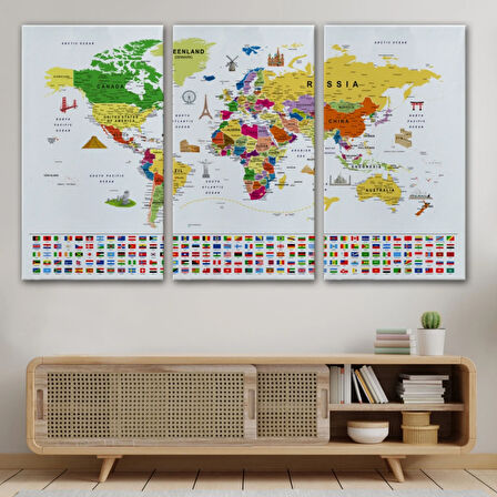 Detaylı Sembollü Bayraklı  İngilizce Dünya Haritası Dekoratif Kanvas Tablo, Duvar Dekoru 2839