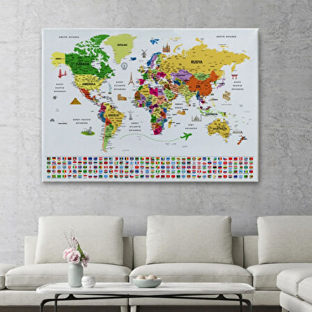 Detaylı Sembollü Bayraklı  Türkçe Dünya Haritası Dekoratif Kanvas Tablo, Duvar Dekoru 2840