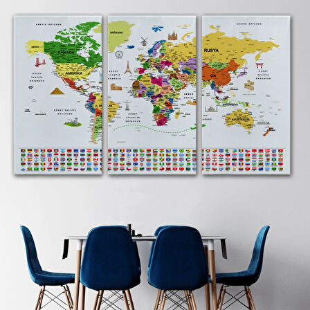 Detaylı Sembollü Bayraklı  Türkçe Dünya Haritası Dekoratif Kanvas Tablo, Duvar Dekoru 2840