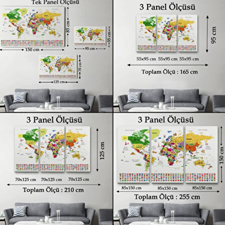 Detaylı Sembollü Bayraklı  Türkçe Dünya Haritası Dekoratif Kanvas Tablo, Duvar Dekoru 2840