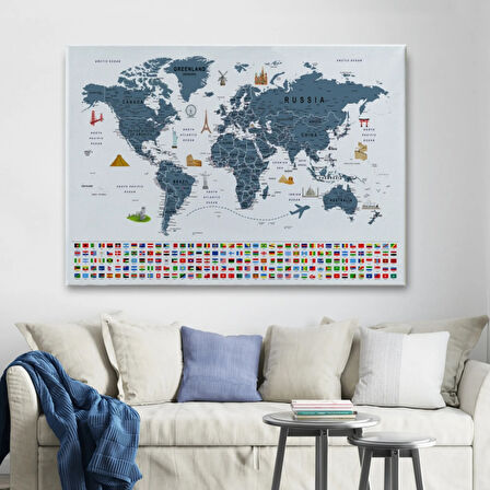 Detaylı Sembollü Bayraklı  İngilizce Dünya Haritası Dekoratif Kanvas Tablo, Duvar Dekoru 2841