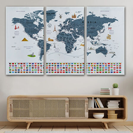 Detaylı Sembollü Bayraklı  İngilizce Dünya Haritası Dekoratif Kanvas Tablo, Duvar Dekoru 2841