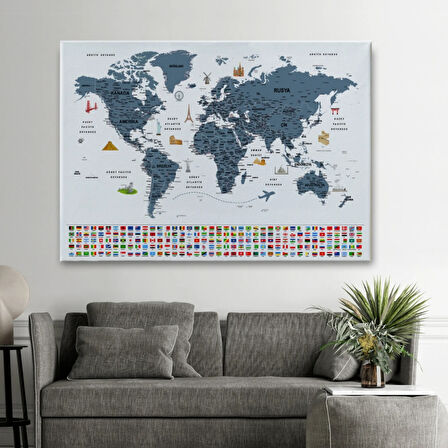 Detaylı Sembollü Bayraklı  Türkçe Dünya Haritası Dekoratif Kanvas Tablo, Duvar Dekoru 2842