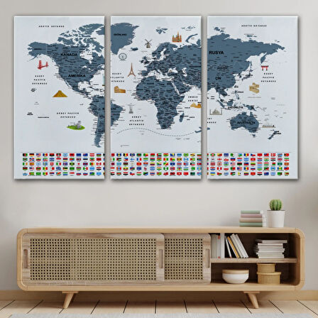 Detaylı Sembollü Bayraklı  Türkçe Dünya Haritası Dekoratif Kanvas Tablo, Duvar Dekoru 2842