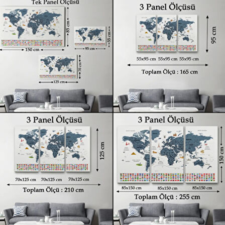 Detaylı Sembollü Bayraklı  Türkçe Dünya Haritası Dekoratif Kanvas Tablo, Duvar Dekoru 2842
