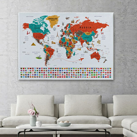 Detaylı Sembollü Bayraklı  İngilizce Dünya Haritası Dekoratif Kanvas Tablo, Duvar Dekoru 2843