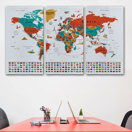 Detaylı Sembollü Bayraklı  İngilizce Dünya Haritası Dekoratif Kanvas Tablo, Duvar Dekoru 2843