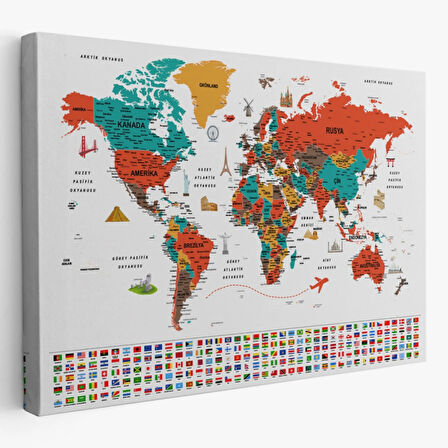 Detaylı Sembollü Bayraklı  Türkçe Dünya Haritası Dekoratif Kanvas Tablo, Duvar Dekoru 2844