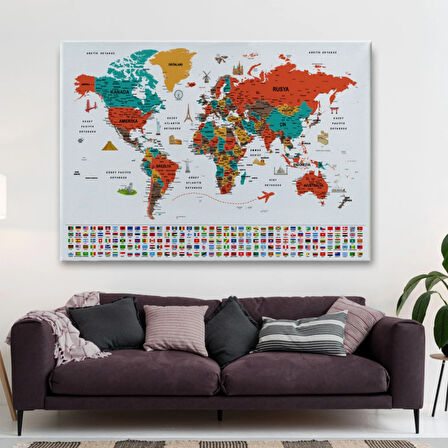 Detaylı Sembollü Bayraklı  Türkçe Dünya Haritası Dekoratif Kanvas Tablo, Duvar Dekoru 2844