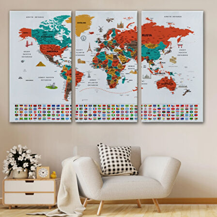 Detaylı Sembollü Bayraklı  Türkçe Dünya Haritası Dekoratif Kanvas Tablo, Duvar Dekoru 2844