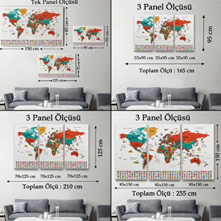 Detaylı Sembollü Bayraklı  Türkçe Dünya Haritası Dekoratif Kanvas Tablo, Duvar Dekoru 2844