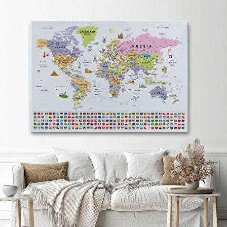 Detaylı Sembollü Bayraklı  İngilizce Dünya Haritası Dekoratif Kanvas Tablo, Duvar Dekoru 2845