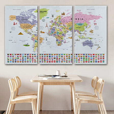 Detaylı Sembollü Bayraklı  İngilizce Dünya Haritası Dekoratif Kanvas Tablo, Duvar Dekoru 2845