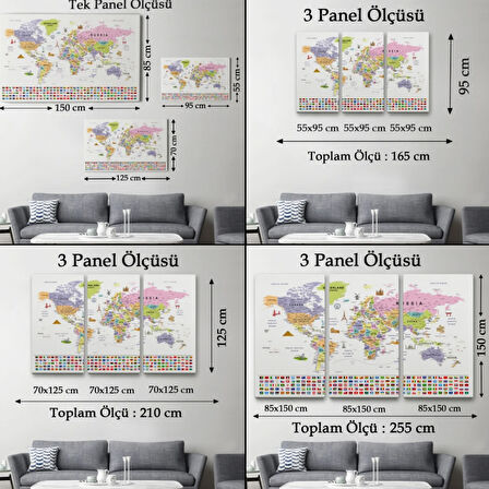 Detaylı Sembollü Bayraklı  İngilizce Dünya Haritası Dekoratif Kanvas Tablo, Duvar Dekoru 2845