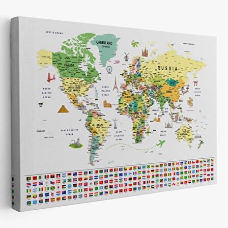 Detaylı Sembollü Bayraklı  İngilizce Dünya Haritası Dekoratif Kanvas Tablo, Duvar Dekoru 2847