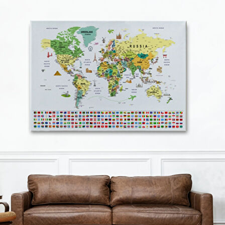 Detaylı Sembollü Bayraklı  İngilizce Dünya Haritası Dekoratif Kanvas Tablo, Duvar Dekoru 2847