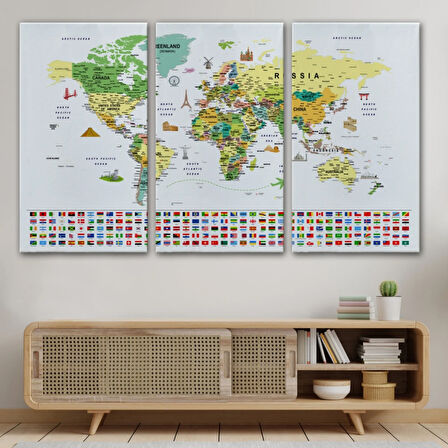 Detaylı Sembollü Bayraklı  İngilizce Dünya Haritası Dekoratif Kanvas Tablo, Duvar Dekoru 2847