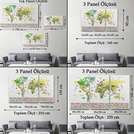 Detaylı Sembollü Bayraklı  İngilizce Dünya Haritası Dekoratif Kanvas Tablo, Duvar Dekoru 2847