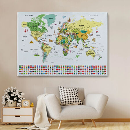 Detaylı Sembollü Bayraklı  Türkçe Dünya Haritası Dekoratif Kanvas Tablo, Duvar Dekoru 2848