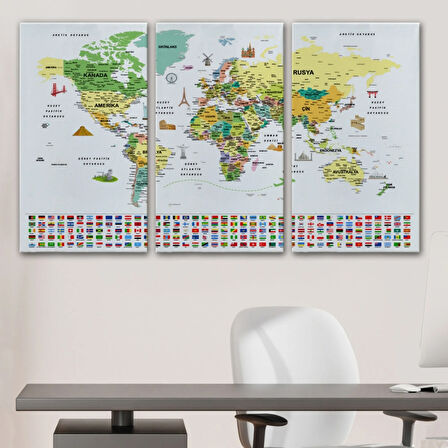 Detaylı Sembollü Bayraklı  Türkçe Dünya Haritası Dekoratif Kanvas Tablo, Duvar Dekoru 2848