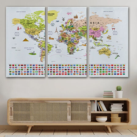 Detaylı Sembollü Bayraklı  İngilizce Dünya Haritası Dekoratif Kanvas Tablo, Duvar Dekoru 2849