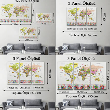Detaylı Sembollü Bayraklı  İngilizce Dünya Haritası Dekoratif Kanvas Tablo, Duvar Dekoru 2849