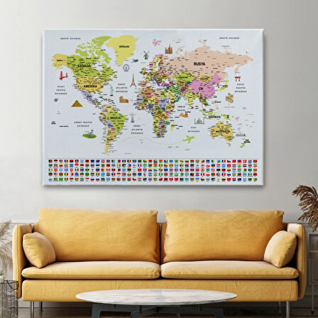 Detaylı Sembollü Bayraklı  Türkçe Dünya Haritası Dekoratif Kanvas Tablo, Duvar Dekoru 2850